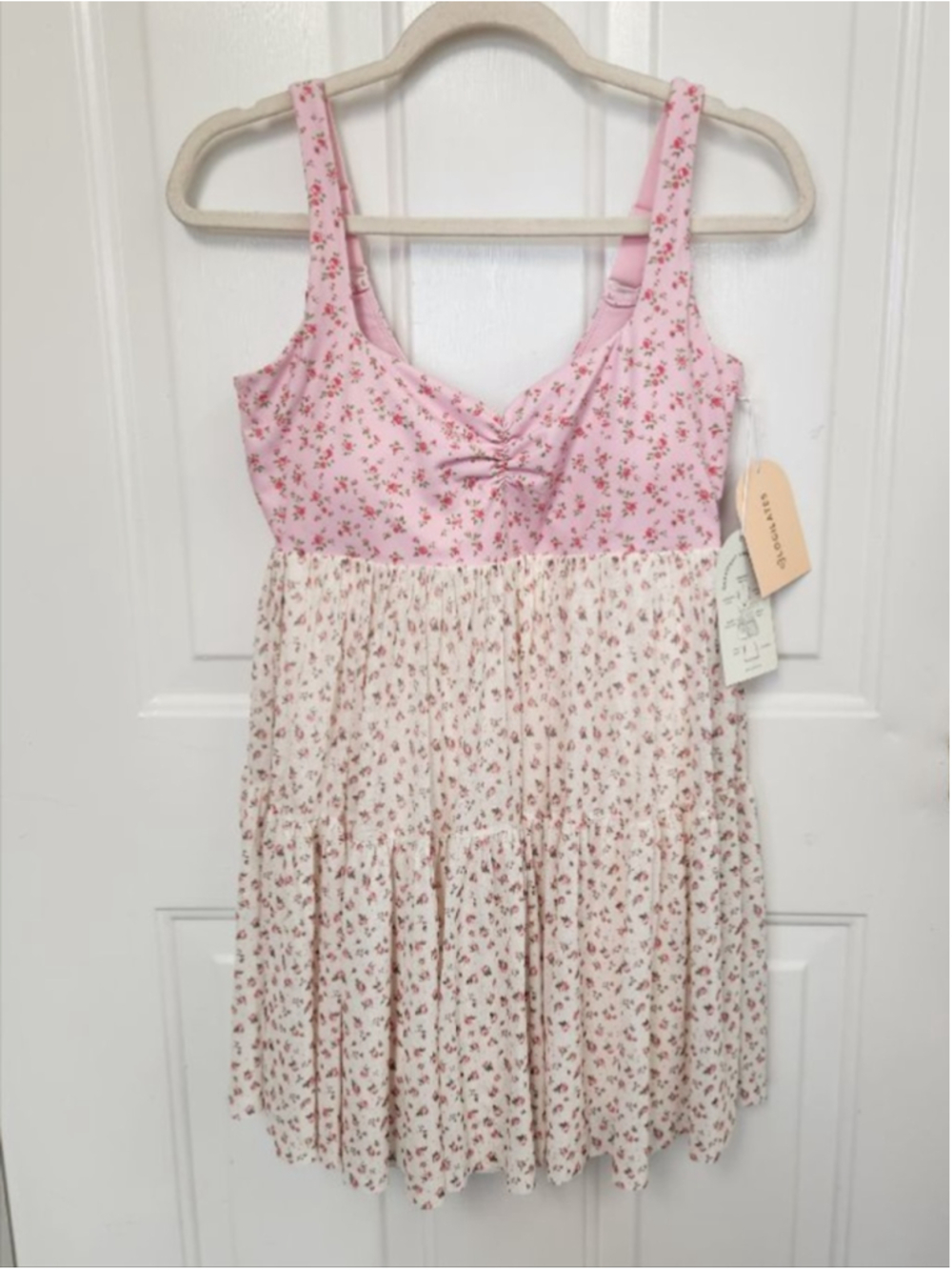 Blogilates Pink & White Floral Sweetheart Babydoll Mini Dress Size L